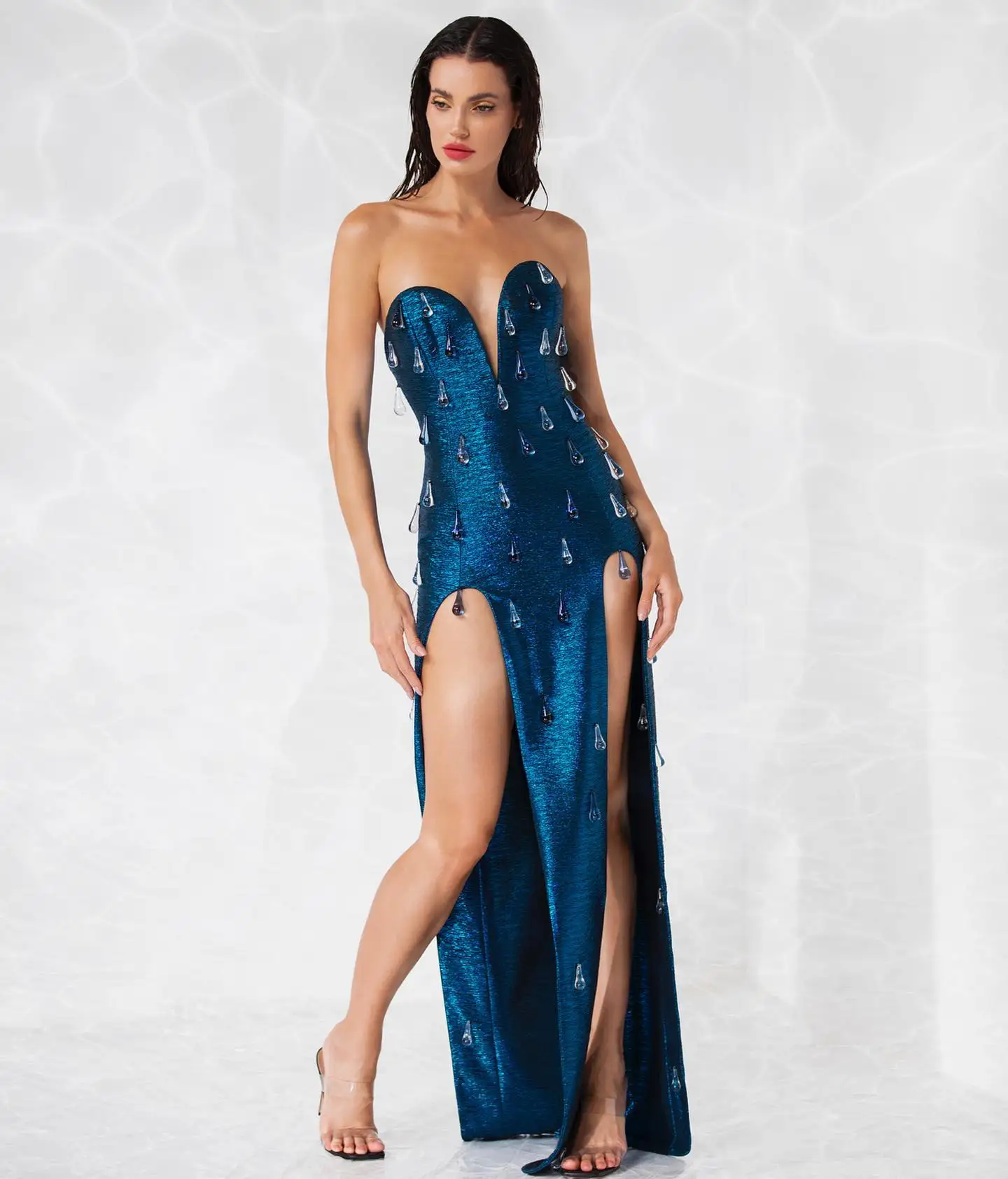 Blu Sexy senza spalline di lusso diamante aderente Prom vestito dalla fasciatura aderente Sexy Midi Runway Cocktail Celebrity Evening Party Dress