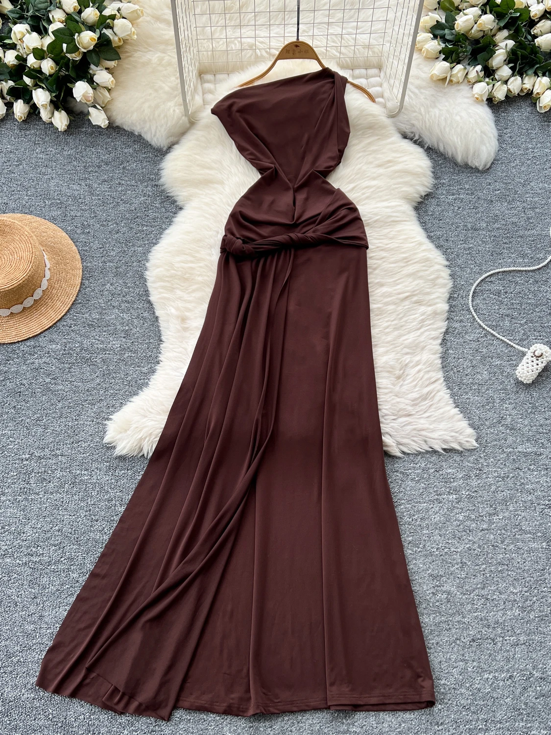 

2025 Summer New Kink Twist Waist Slim Slanted Shoulder Sleeveless Slim Long Dress Formal Party Evening Cocktail