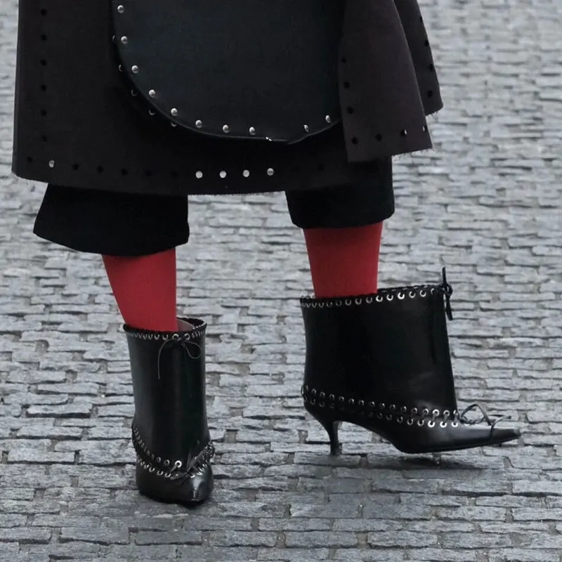 المرأة السوداء حذاء من الجلد أشار تو كعب ستيليتو القوس تفاصيل PartyDaily ارتداء العصرية بولي Leather الجلود أحذية بوت قصيرة تصميم حافة فريدة من نوعها #4