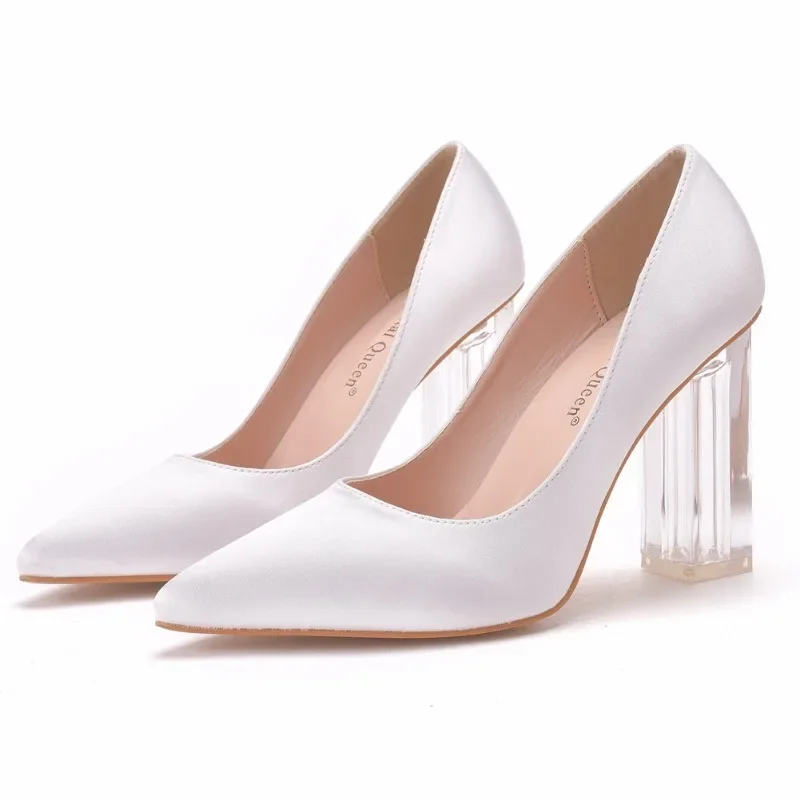 Women Pumps Pointed Toe Crystal Slip-On Silk 9CM Square Heel Lady Party Mature Banquet Wedding Shoes Sexy Ladies Party Shoes