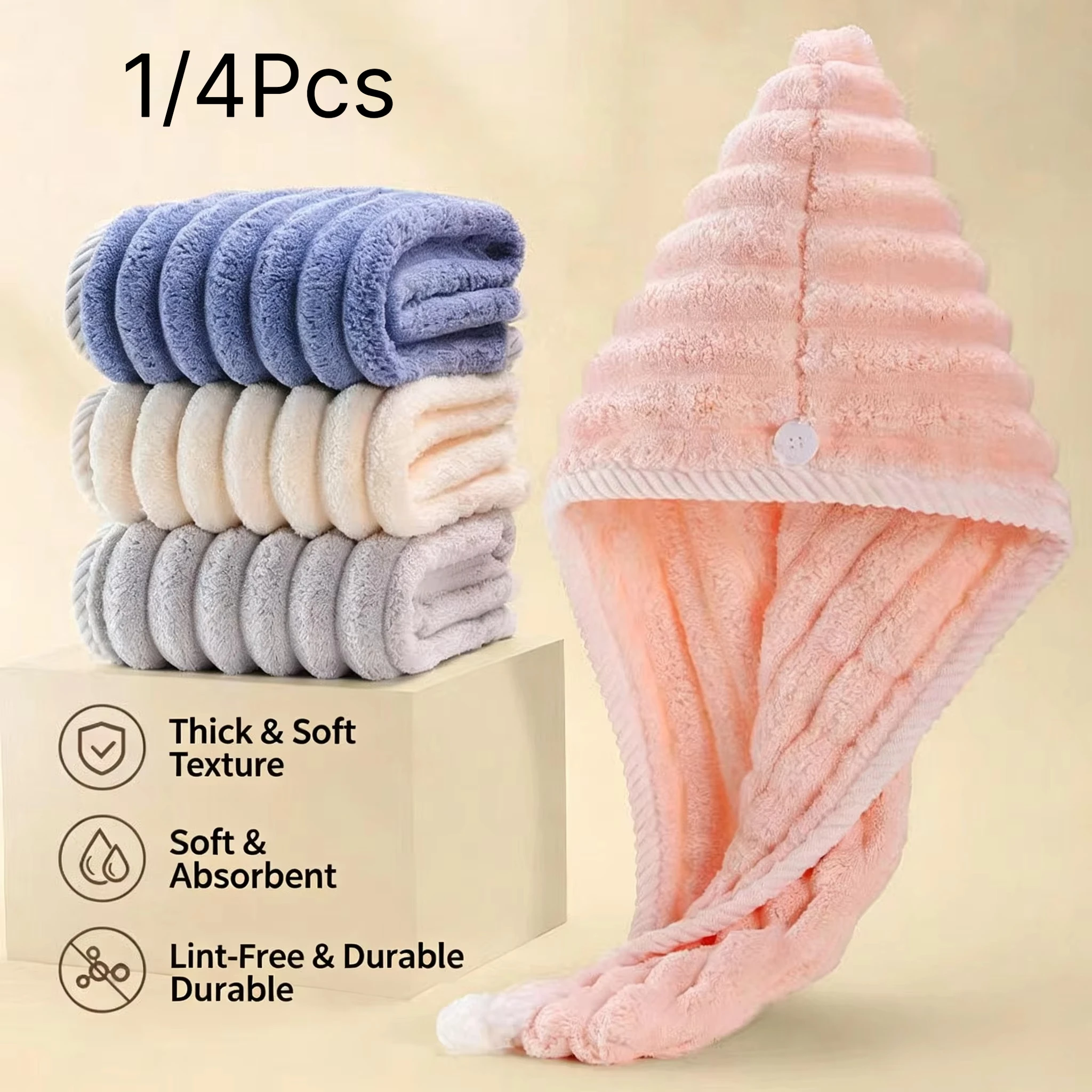 Candy Strip Hair Towel Wrap for Women, Thick Coral Fleece Super Absorbent Quick‑Dry Hair Turban for Home Shower Use