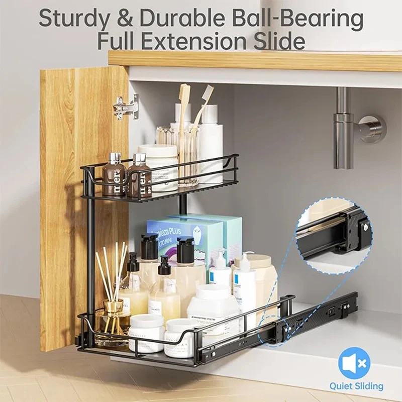 

Multi-Purpose Under Sink Storage Drawer 2-Tier Sliding Cabinet Basket for Kitchen Bathroom Organizing