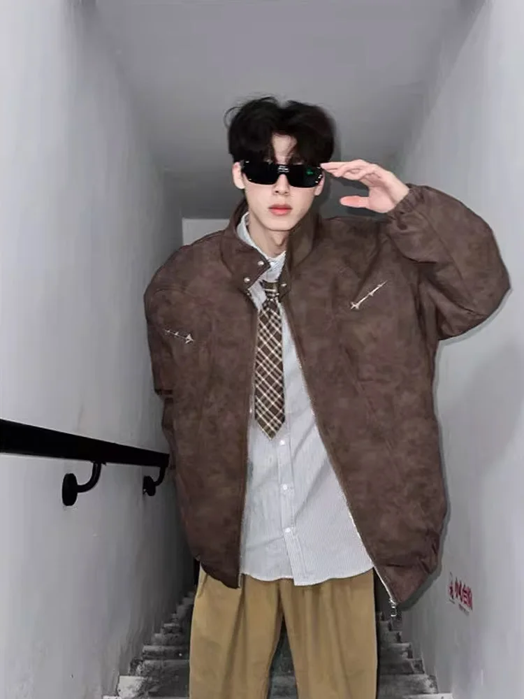

Retro American PU Leather Jaet Cotton Workwear Motorcycle Jaet Thiened Stand Collar Men's Winter Coat Outerwear