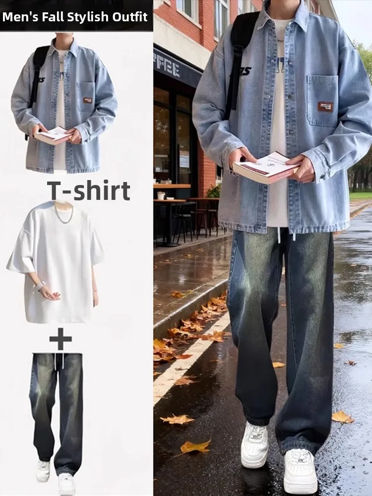 

Teenage Boys Faionable Tee-Piece Set Autumn Denim Jaet M OOTD Clete Ensemble Long Sve Long Pants Trendy Outfit