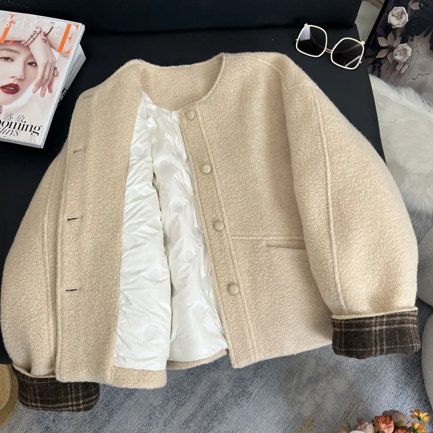

Korean Sle ort Woolen Coat Women's Winter Cotton Lined Thiened Luxury Feel Good Looking Jaet Pure Color Long Sve