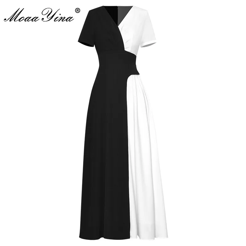 

MoaaYina Fashion Designer dress Summer Women's Dress White Black Patchwork Short Sleeve Office Lady Casual Dresses