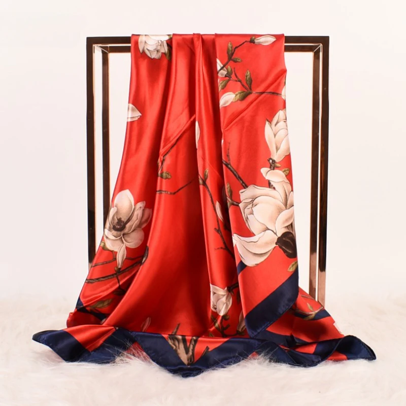 Heitou Summer Silk Scarf 90CM New Plum Orchid Bamboo Chrysanthemum Square Scarf Printed Fashion Scarves Bag Accessories Wraps