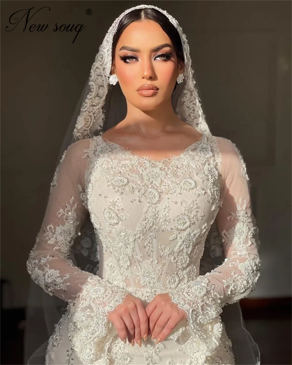 Robe de Mariée Sirène Blanche à Manches sulf, Tenue Musulmane Élégante avec Perles et Appliques, pour Patients