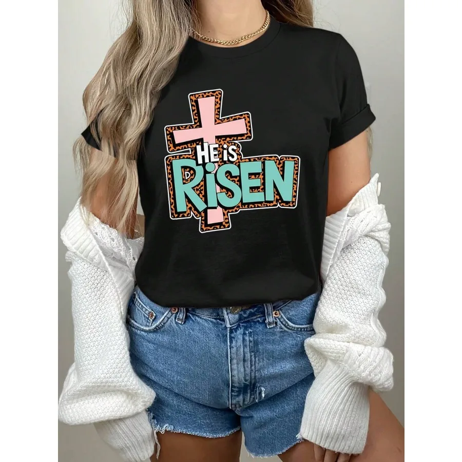 

【Новый стиль】Женская футболка с принтом "He Is Risen" на тему Пасхи, повседневная, с круглым вырезом, короткими рукавами, для весны, лета и осени, подходит для машинной стирки, белая.