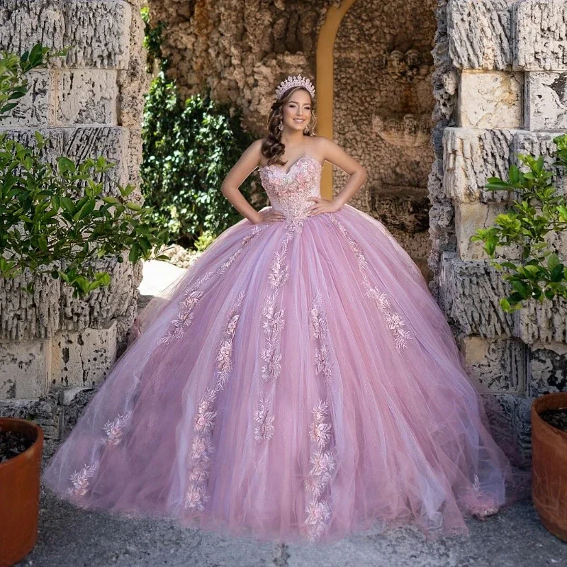 Brilhante princesa rosa Quinceanera Vestidos, querida Applique, Tull de renda, Floral 3D, Formatura, Vestidos de festa