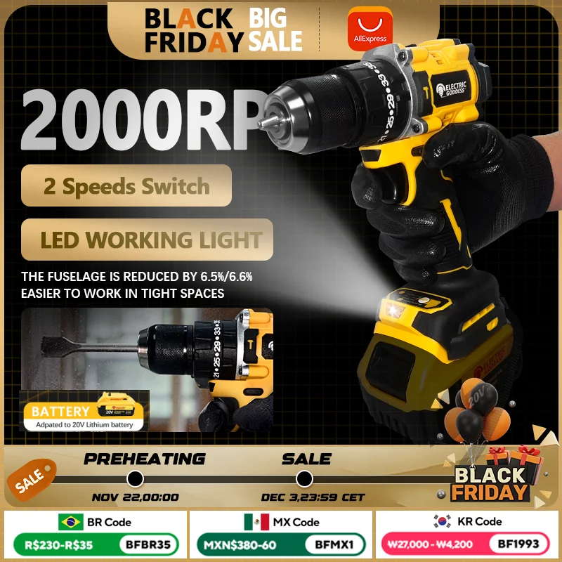 

Electric Goddess DCD800 Electric Drill Brushless Cordless Screwdriver Compact Drill Driver Power Tools For Dewalt 20V Battery