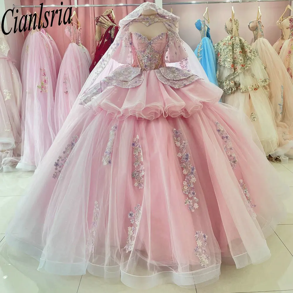 Pink Princess Beading Sequined Quinceanera Dresses With Cape Ball Gown 3D Flowers Ruffles Sweet 15 Birthday Party