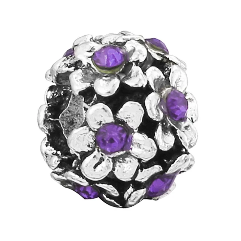 

Hot Purple Diamond Heart Flower Silver Color Bracelet Charm Bead Bracelet Necklace Women DIY Jewelry Accessories Wholesale