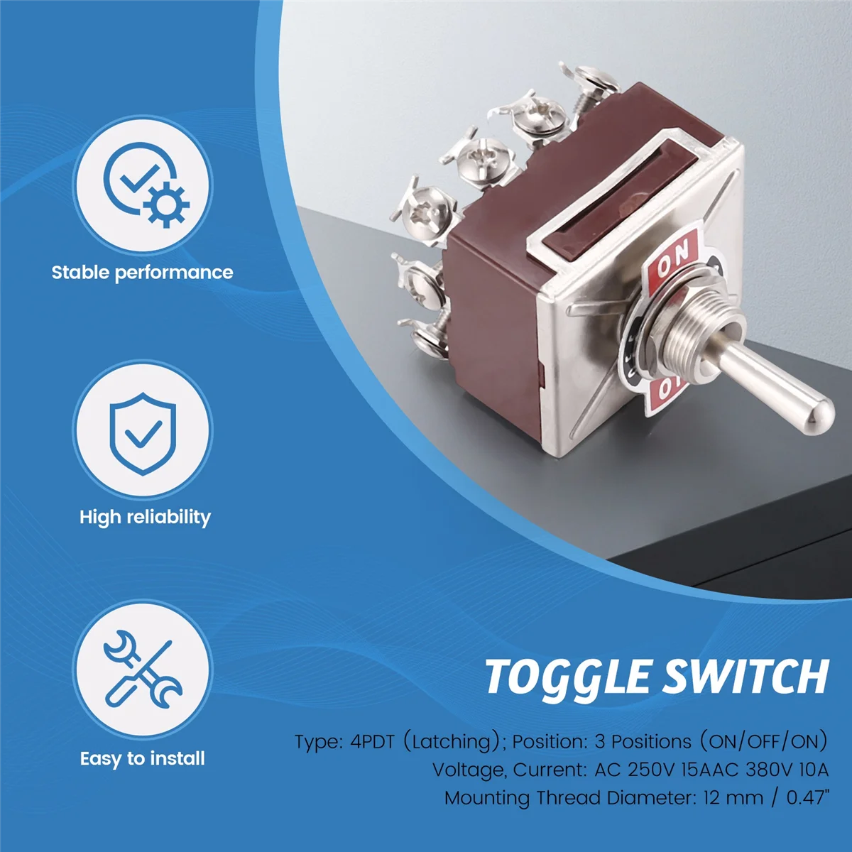 FLLF AC 380V 10A ON/OFF/ON 3 Posisi 12 Pin Menempel Saklar Toggle 4PDT