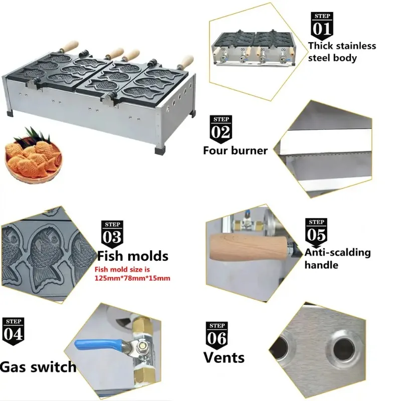 

Electric Taiyaki Making Machine, Commercial Stainless Steel Taiyaki Waffle Snack Equipment