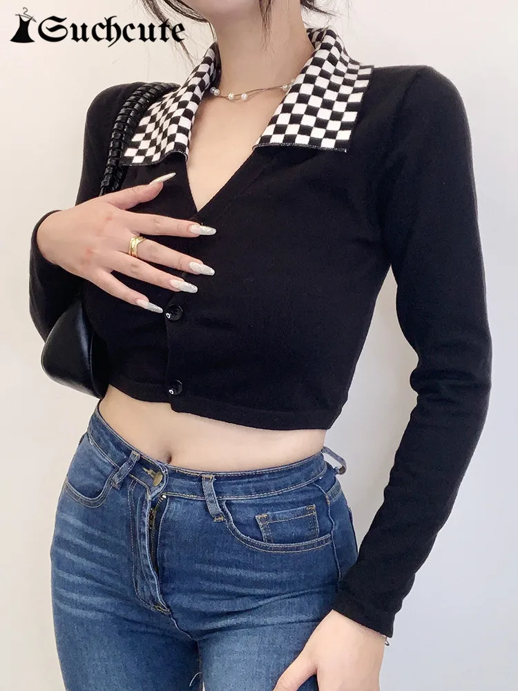 

Сухие корейские модные клетчатые лацканы с принтом женский свитер укороченные топы осенне-зимние готические черные облегающие свитера с длинным рукавом 2022