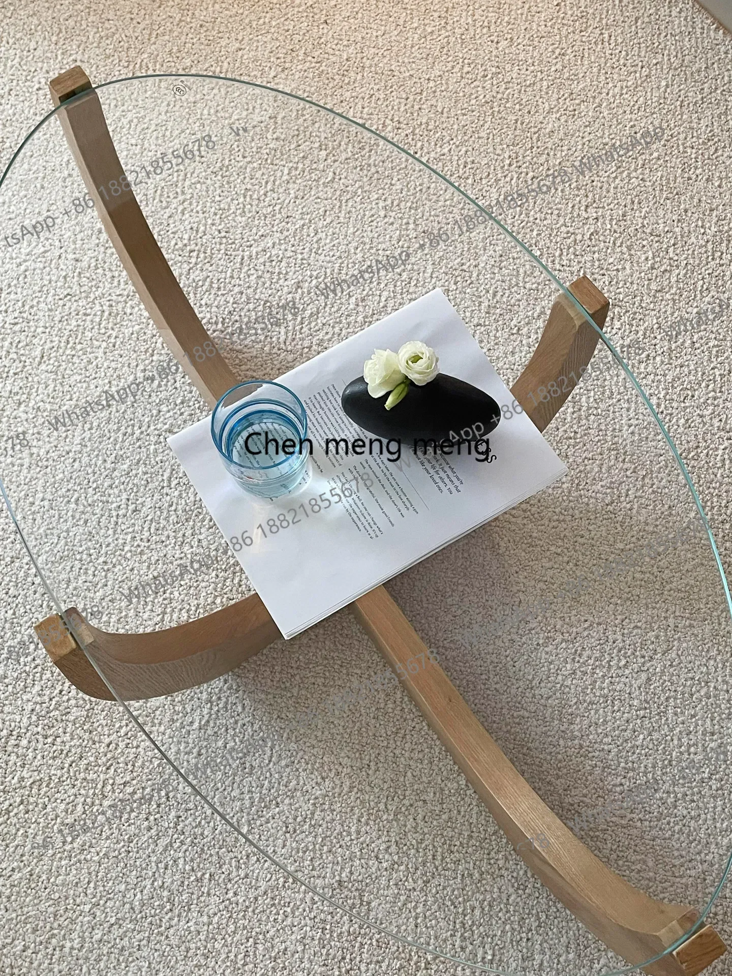 Hot sales Nordic style modern simple glass coffee table solid wood cream style medieval small apartment oval tea table