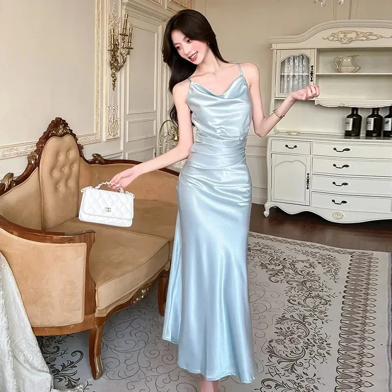 Sexy Backless Satin Camis Dress Women Summer French Spaghetti Straps Slim Midi Dress Female Elegant Solid A Line Dress New
