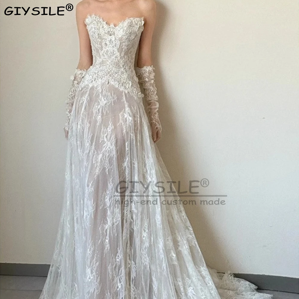 GIYSILE Gaun Pengantin Tanpa Tali Kustom Applique Tulle A Line Tanpa Lengan Sapu Kereta Gaun Pernikahan Pesta Formal Vestidos