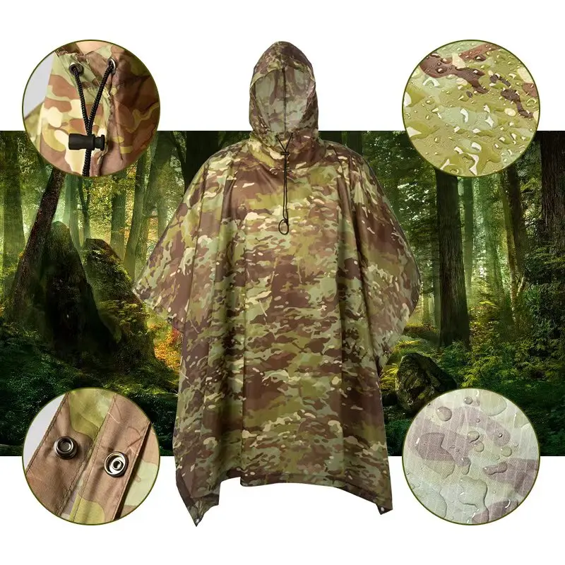 Camouflage Raincoat Backpack Hood Cycling Rain Cover Poncho Waterproof Jungle Desert Snow ACU Outdoor Camping Tent Mat 3 in 1