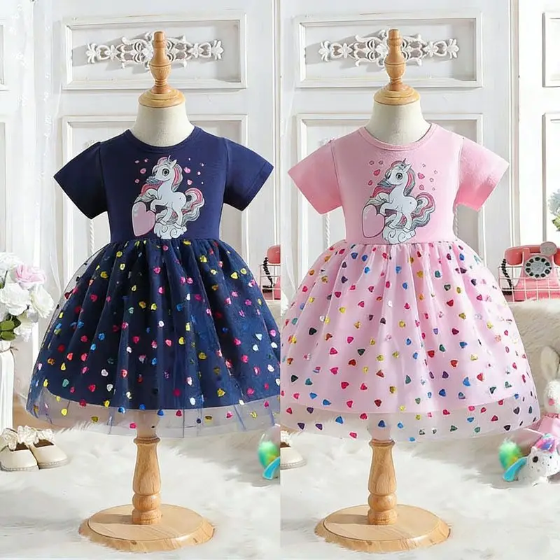 Koreanisches Kinderkleid 2026 Neue Mädchen-Sommerkleider mit Cartoon-Print Kurzärmeliges Mesh-Prinzessinnenkleid