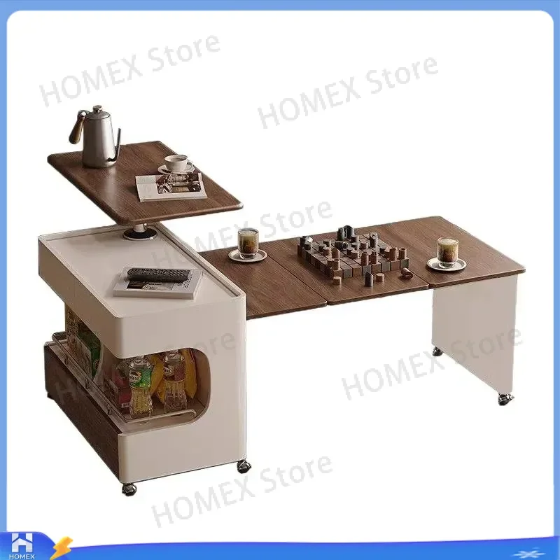 Multifunctional Foldable Rolling Coffee Cart Height Adjustable Side Table Movable Wooden Sofa End Table Cabinet Modern Living