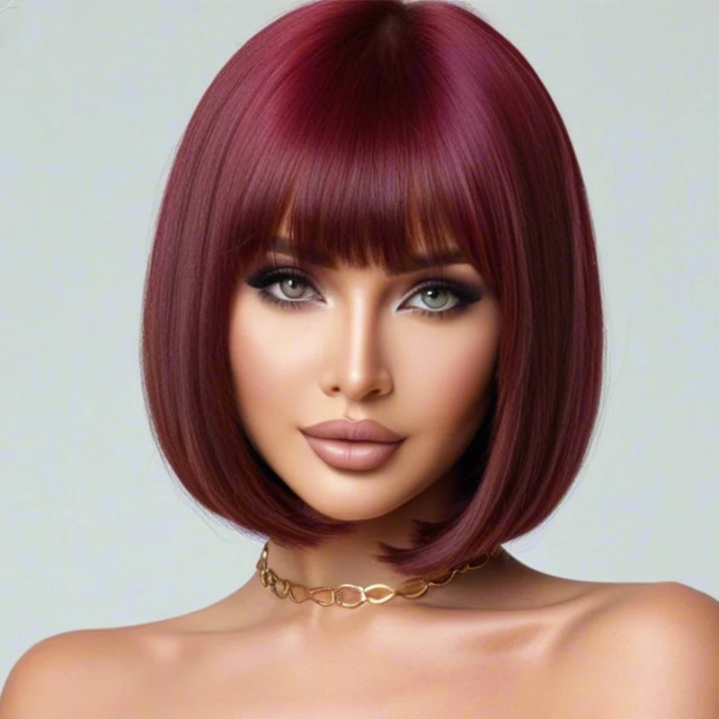 12 inch burgundy bob straight hair with bangs, synthetic high-temperature silk wig, heat-resistant heat-resistant, elegant styli image 2