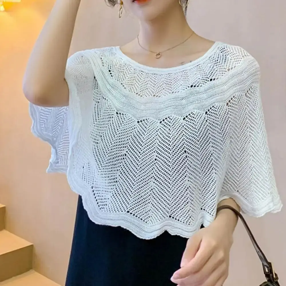 

Elegant Flower Knitted Shawl Solid Color Breathable Neck Guard Cloak Scarf Fake Collar Hollow Sunscreen Blouse Pullover Summer