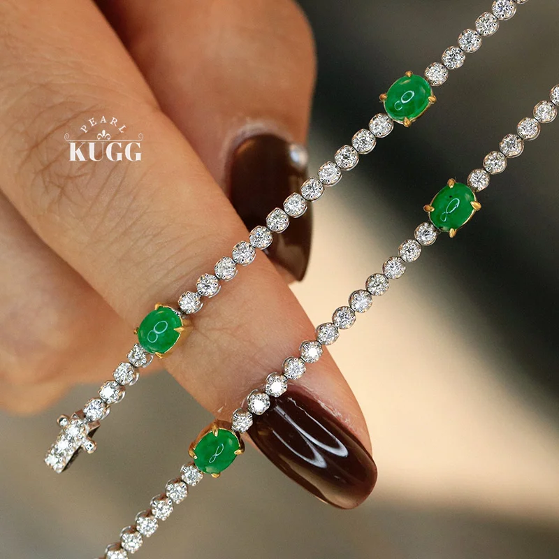 

KUGG 100% 18K White Gold Bracelet Luxury Elegant Style Shiny Diamond Natural Emerald Bracelet for Women High Wedding Jewelry