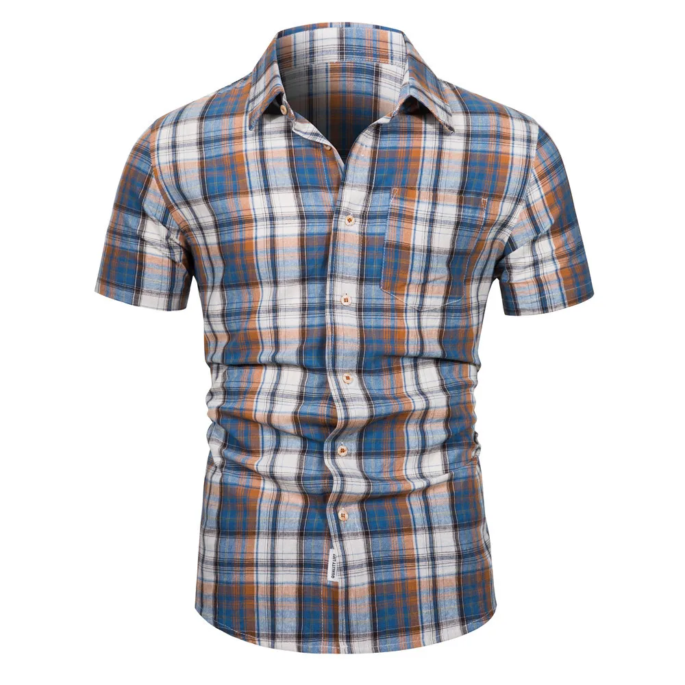 

Pure Cotton Casual ort Sve Beach irt Men's European Size Plaid Patterned Slim Fit Summer Clothing ort Sve irt