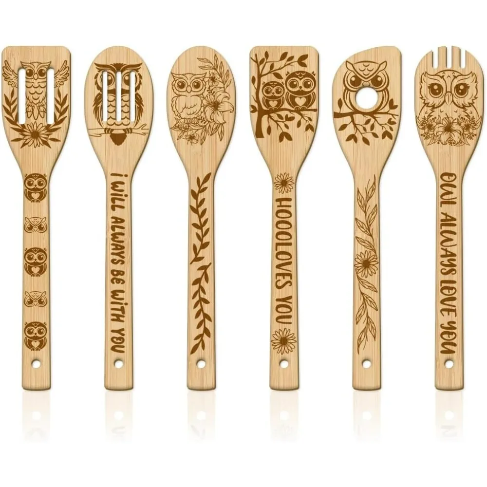 6Pcs Owl Bamboo Cooking Utensils Wooden Engraved Cooking Spoons Set Carving Kitchen Bamboo Spatula Set Wood Cooking Spoon for