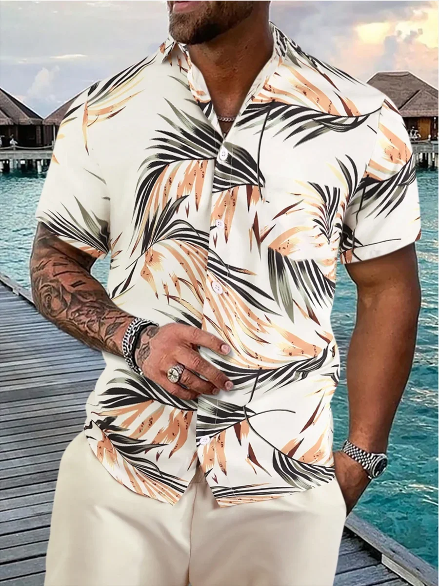 2024 New Fashion Men\'s Leaf Print Short Sleeve Shirt Summer Beach Resort Style Tropical Hawaiian Shirt Men\'s Top 6XL