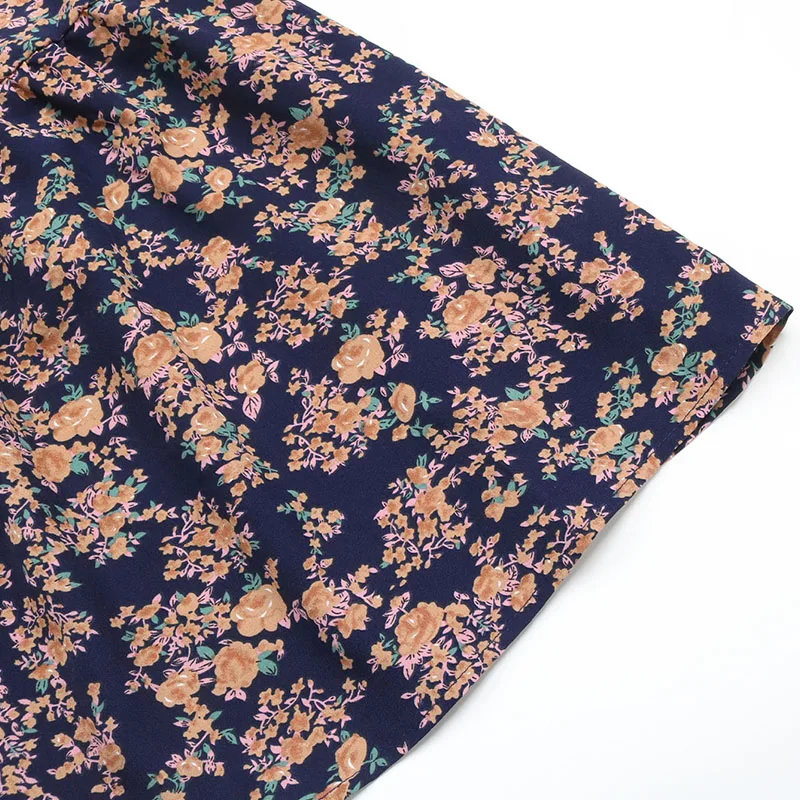 Women's Deep Blue Floral Print Dress Boho Deep V-Neck Ruffle Long Sleeve Waist Belted Flowy Midi Dress for Autumn Daily Party