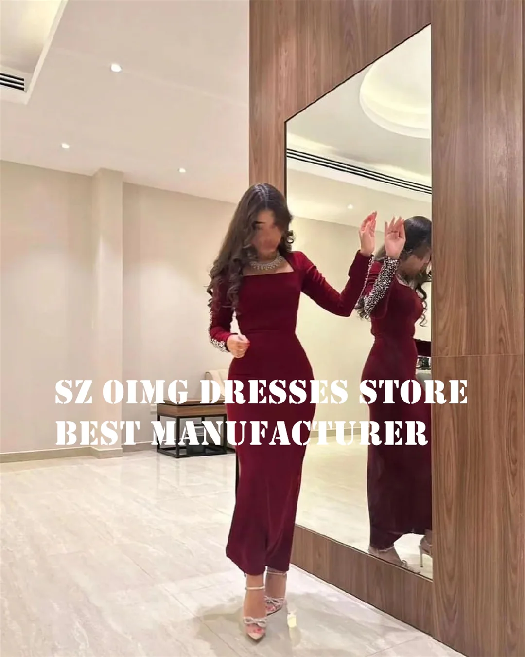 OIMG Customized Prom Dresse Arabic Long Sleeves Ankle Length Crystals Ruched Sheath Burgundy Women  Gowns Formal Party Dress