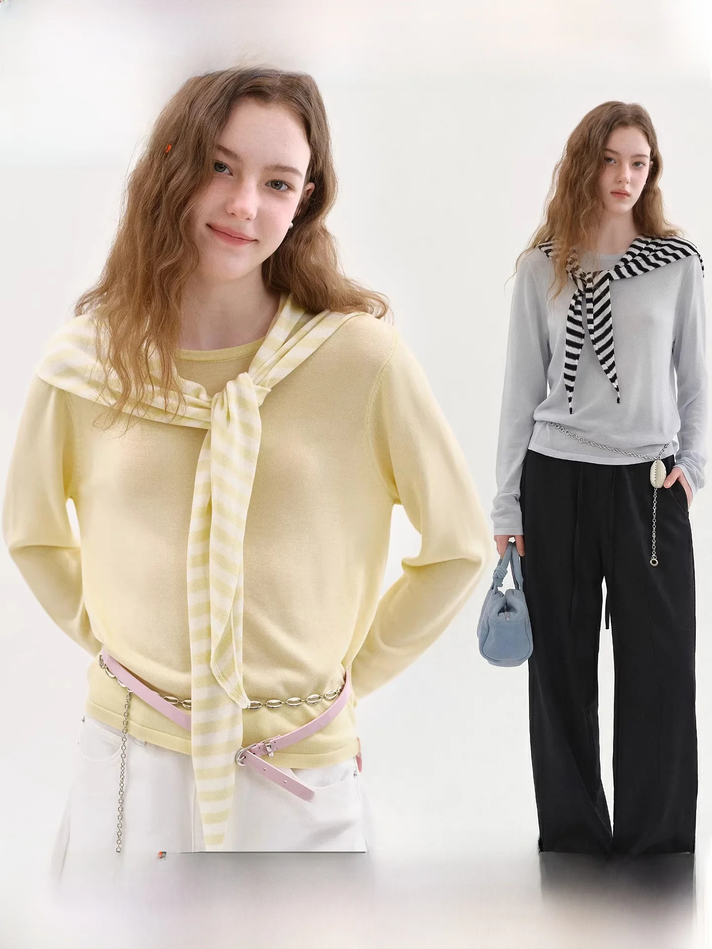 

Комплект Fano 100 Days: шелковый вязаный свитер и полосатая шаль, женский, весна 2026, новый стиль, цвет гусиный желтый, для повседневной носки, простой и элегантный.