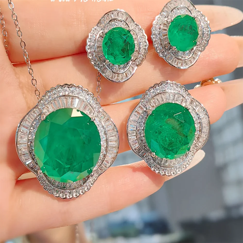 

New Exquisite Round Cut Tourmaline Emerald Jewelry Luxury Plating Ring Earring Necklac Sets