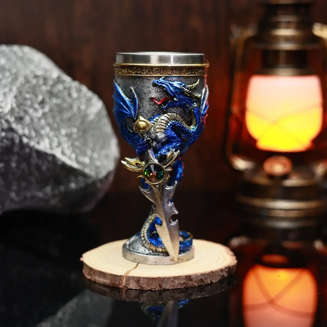 Flying Dragon Sword Goblet Stainless Steel Insert Wine Glass Drachen Fantasy Cross Sword Sea Blade Flame Blade Chalice