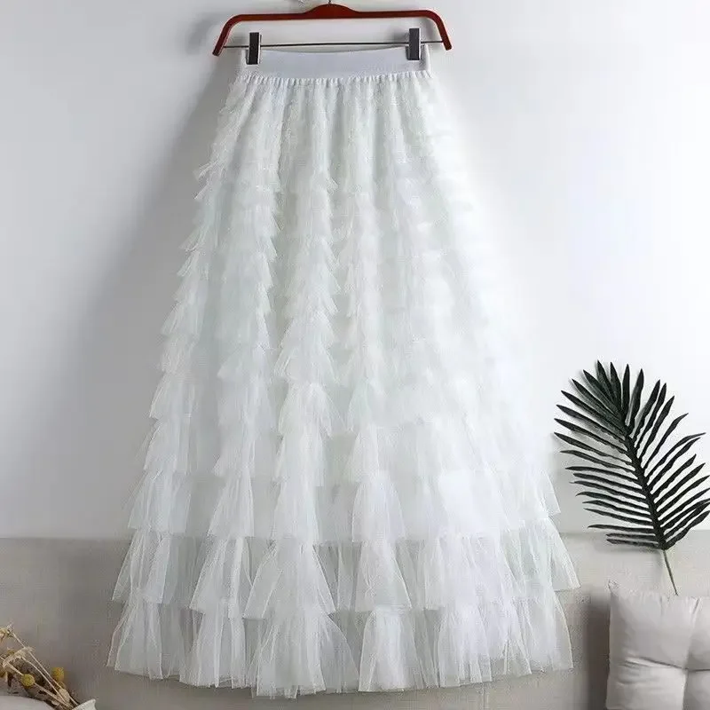 Chamliforve Women Tulle Mesh Skirt Elegant Elastic Waist Fairy Long A-line Tutu Skirt for Spring Summer Long Cake Skirt