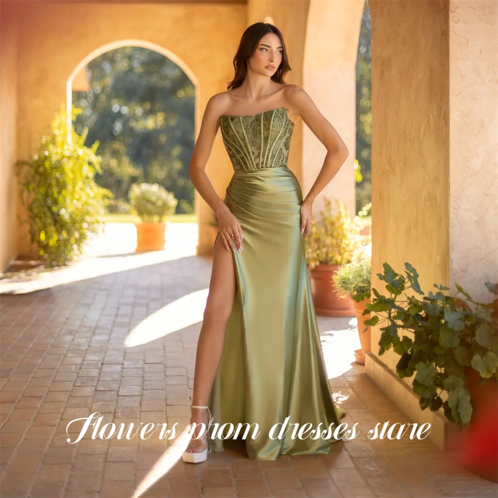 

Flowers Sage Green Prom Dress Strapless Sleeveless Celebrity Dresses with High Split Women's Evening Dress for Gala Customized