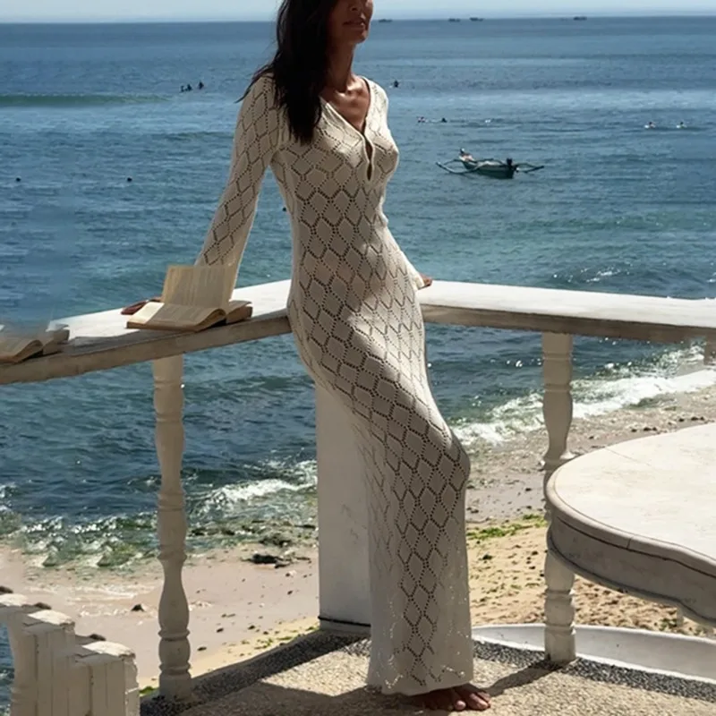 

Летнее вязаное платье в стиле поп, сексуальное платье с v-образным вырезом и вырезом, сексуальное платье для пляжного отдыха с длинными рукавами, модное тонкое женское платье