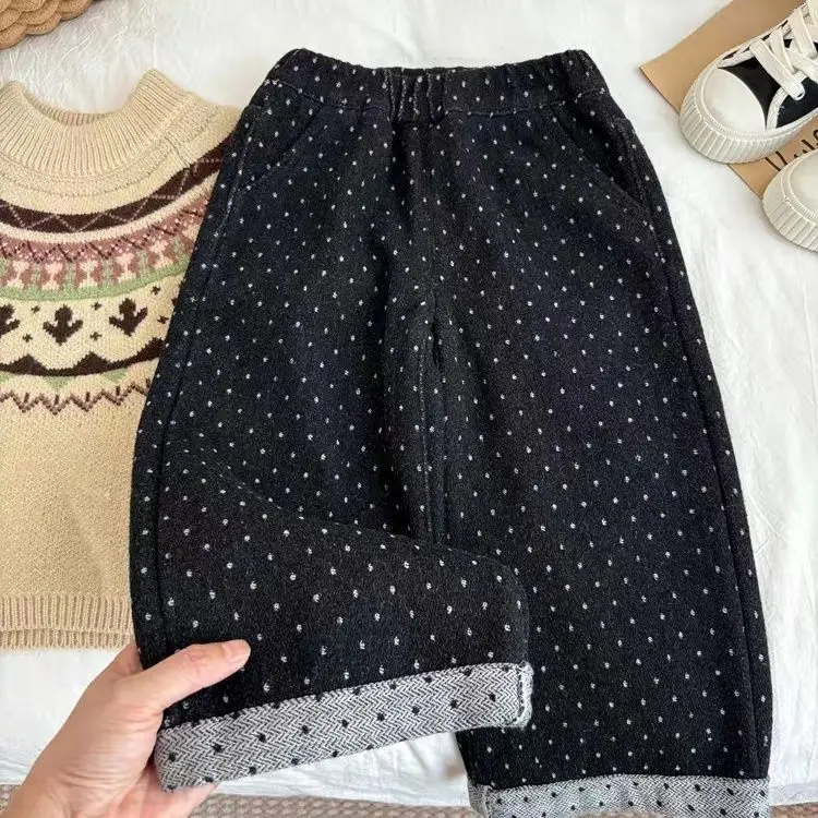 سراويل شتوية واسعة الساق للفتيات جينز للخريف والشتاء للأطفال منقط