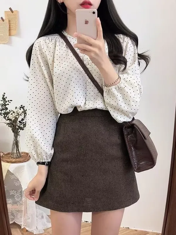 

Ч. � Нежная ретро-блузка с принтом в горошек, круглым вырезом и длинными рукавами, тонкая, универсальная, для весны и осени, свободного кроя, женская модная блузка.