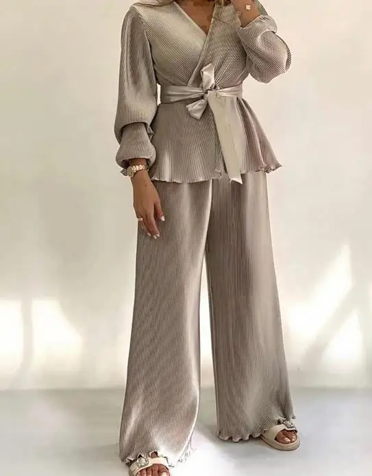 

Women's Pants Set 2026 Spring Autumn Solid Color 2-Piece Set V-Neck Pit Strip Strap Front Top and High Waist Wide Leg Pants Set