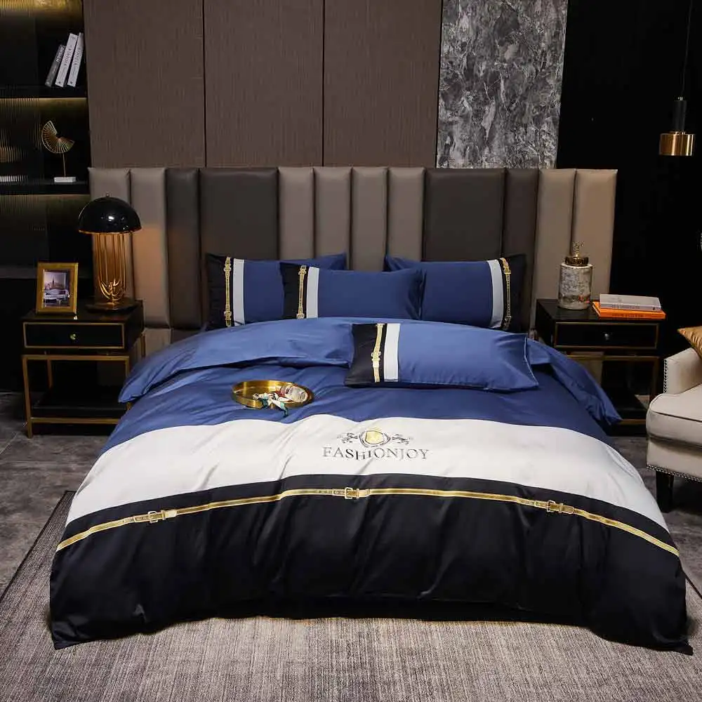 2023 60 Long Velvet Embroidery Striped Color Matching Four-piece Set Of Pure Cotton Luxury Bedding Can Be Customized Blue White