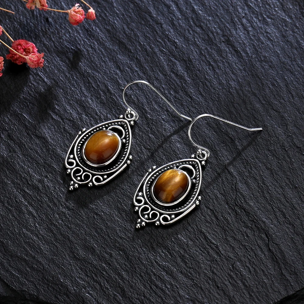 S925 Silver Earrings Natural 8*10MM Tiger's Eye Stone Earrings for Women Luxury Retro Rhodochrosite Ear Jewelry 2
