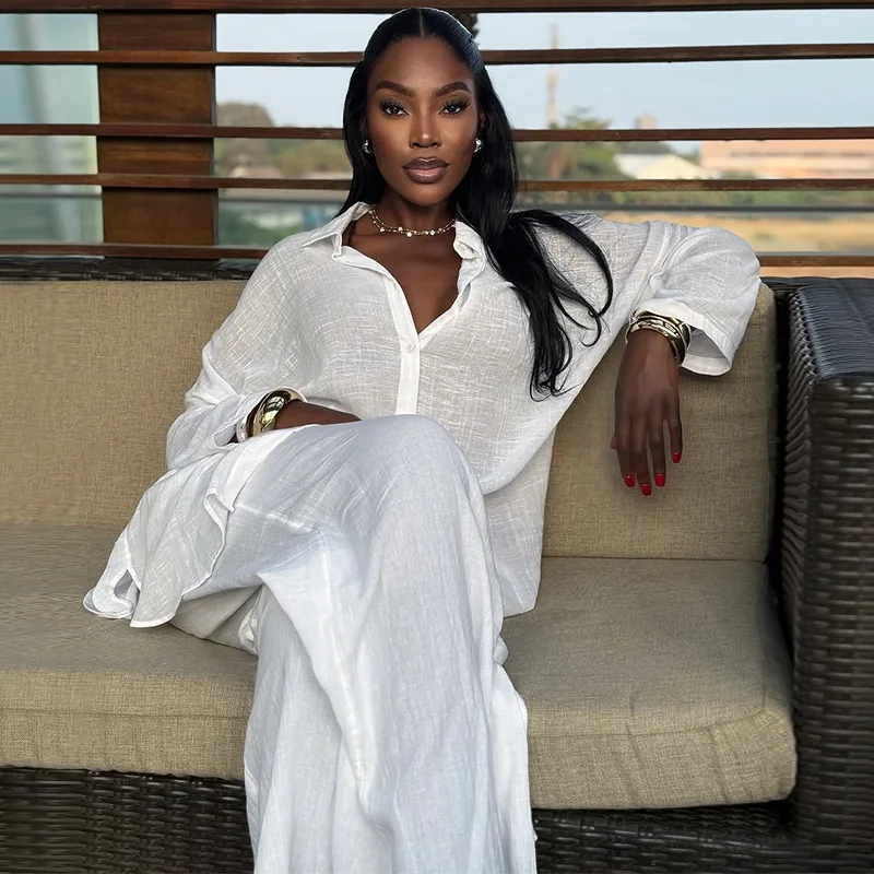 

New casual loose white lapel collar long-sleeved shirt high waist trousers suit fashionable simple and versatile temperament ele