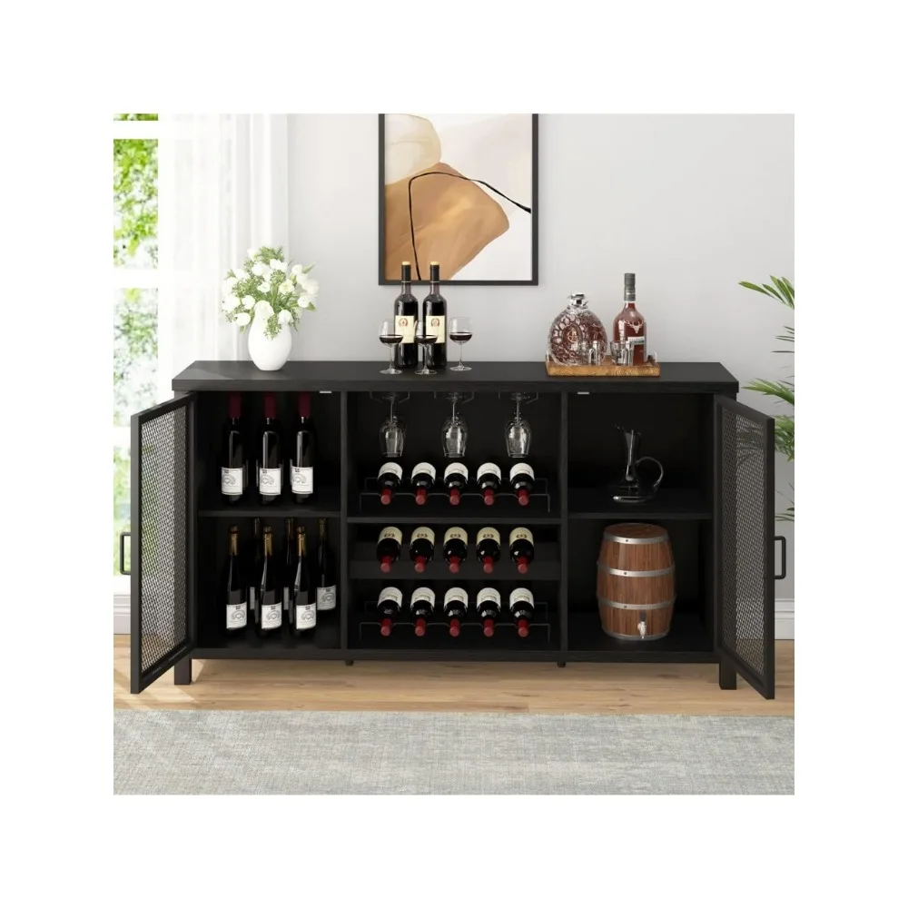 Black Coffee Bar Cabinet, Liquor Cabinet with Wine Rack Storage, Industrial Kitchen Buffet Cabinet for Liquor and Coffee