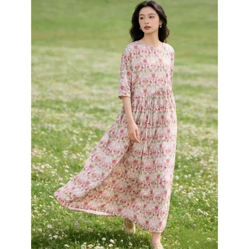 Summer New High Waist Floral Print Cotton Dress Women's O Neck Long Skirt Ethnic Style Linen Loose A-Line Midi Dress