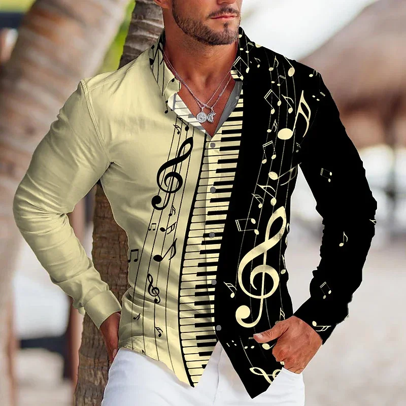 2023 Shirt Note Musik instrument Herren anzug Revers Langarm Top Party lässig Outdoor Street Soft Comfort Plus Size