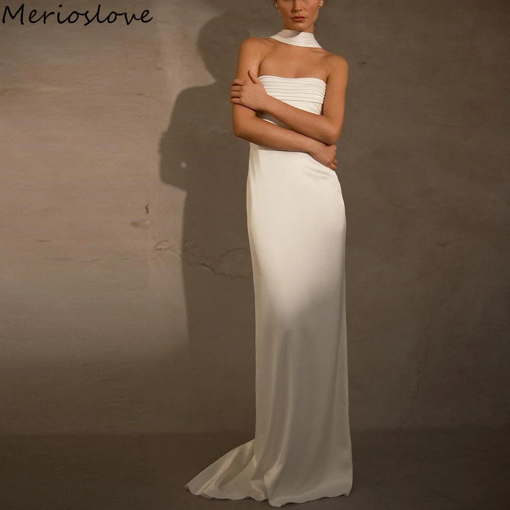 Merioslove Simple Crepe Mermaid Wedding Dresses Strapless Sleeveless Beach Bride Dress Minimalist Bridal Gowns 2024